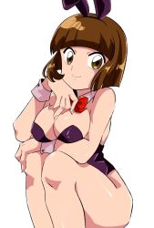 Rule 34 | 1girl, artist request, bare shoulders, black leotard, bob cut, breast press, breasts, breasts squeezed together, brown eyes, brown hair, detached collar, hanging breasts, highres, impossible clothes, large breasts, leotard, looking at viewer, playboy bunny, ranma 1/2, shiny skin, simple background, skin tight, smile, solo, squatting, strapless, strapless leotard, tendou nabiki, thick thighs, thighs, wide hips