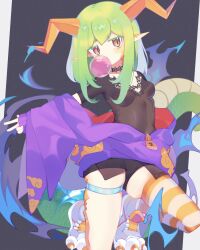 Rule 34 | 1girl, absurdres, breasts, blowing bubbles, green hair, highres, horns, jacket, long hair, off shoulder, on one knee, orange eyes, original, pointy ears, purple jacket, single thighhigh, slit pupils, small breasts, solo, striped clothes, striped thighhighs, tail, teoskyrios, thigh strap, thighhighs
