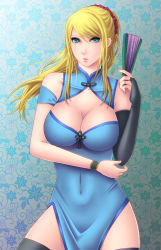 Rule 34 | 1girl, bad id, bad pixiv id, blonde hair, blue eyes, breasts, bridal gauntlets, china dress, chinese clothes, cleavage, cleavage cutout, clothing cutout, covered navel, dress, folding fan, hand fan, highres, kukua (mosushi), large breasts, long hair, metroid, nintendo, ponytail, samus aran, solo, super smash bros., thighhighs