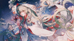 Rule 34 | 1girl, absurdres, architecture, blush, east asian architecture, flower, green eyes, green hair, hair ornament, hatsune miku, highres, japanese clothes, kimono, long hair, looking at viewer, maccha (mochancc), moon, night, shiromuku, smile, snow, snowflake hair ornament, solo, standing, twintails, uchikake, very long hair, vocaloid