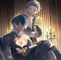 Rule 34 | 2boys, black gloves, black hair, black jacket, black pants, blue hair, book, braid, byleth (fire emblem), candle, cape, claude von riegan, closed eyes, closed mouth, collared shirt, cowboy shot, earrings, fire emblem, fire emblem: three houses, garreg mach monastery uniform, gloves, green eyes, head rest, highres, indoors, jacket, jewelry, long sleeves, looking at another, male focus, multiple boys, nintendo, pants, shiroi (shiroicbe), shirt, short hair, single braid, single earring, sitting, sleeping, smile, twitter username, yellow cape