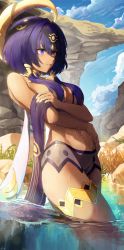 Rule 34 | 1girl, bare shoulders, blue eyes, blue hair, breasts, candace (genshin impact), cloud, dark-skinned female, dark skin, detached sleeves, egyptian clothes, genshin impact, hair ornament, hairband, heterochromia, highres, jewelry, large breasts, long hair, medium breasts, navel, parted lips, pistachiocream, short hair with long locks, sidelocks, sky, solo, thighs, wading, water, wet, yellow eyes