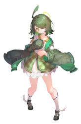 Rule 34 | 1girl, absurdres, ahoge, closed mouth, frilled skirt, frills, full body, green eyes, green jacket, green skirt, grey hair, hair over one eye, halo, highres, jacket, kneehighs, long sleeves, medium hair, mishuo (misuo69421), off shoulder, open clothes, open jacket, original, shirt, shoes, short sleeves, simple background, skirt, socks, solo, tearing up, white background, white shirt, white socks