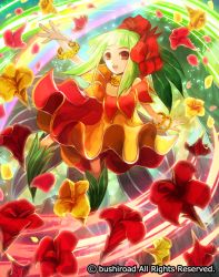 Rule 34 | 10s, 1girl, anklet, bracelet, cardfight!! vanguard, company name, flower, full body, green hair, hair flower, hair ornament, jewelry, leaf, maiden of canna, moreshan, official art, open mouth, orange eyes, solo, sparkle, teeth