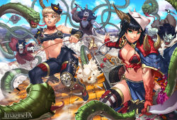 Rule 34 | 2girls, battle, black hair, blonde hair, breasts, cleavage, cutting, dcwj, fangs, green eyes, highres, horns, knife, mask, multiple girls, navel, oni, original, rooftop, snake, sword, torn clothes, weapon, yellow eyes