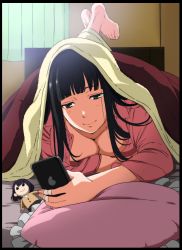 Rule 34 | 1girl, absurdres, bandaid, barefoot, bed, black hair, blanket, blunt bangs, breasts, cellphone, cleavage, commentary request, curtains, doll, futago ane (kakitama), grey eyes, highres, jijo (kakitama), kakitama, large breasts, lips, long hair, lying, on stomach, original, pajamas, phone, pillow, smartphone, smile, solo, unbuttoned, window