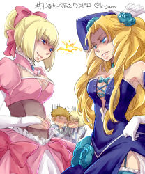 Rule 34 | 10s, 2boys, 2girls, aqua eyes, azureyfear winchell, bare shoulders, blonde hair, blue eyes, blue flower, blue rose, blue theme, breasts, brother and sister, brown hair, cleavage, confrontation, crying, curly hair, dress, eye contact, flower, garter straps, hair bun, hair ornament, hair ribbon, havia winchell, heavy object, hug, jam (lc jam), lady vanderbilt, lightning glare, long hair, looking at another, lowres, medium breasts, multiple boys, multiple girls, parted lips, pink dress, qwenthur barbotage, ribbon, rivalry, rose, scared, short hair, siblings, single hair bun, smile, thighhighs, yandere