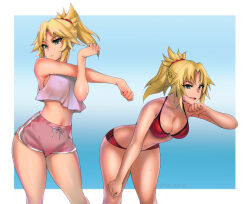 Rule 34 | 1girl, bare shoulders, blonde hair, blue background, border, breasts, cleavage, closed mouth, cowboy shot, crop top, fate/grand order, fate (series), gradient background, green eyes, hevn, highres, large breasts, leaning forward, long hair, midriff, mordred (fate), multiple views, navel, open mouth, pink shorts, ponytail, red shorts, shorts, simple background, sleeveless, smile, solo, sports bra, sportswear, standing, stretching, sweat, white border