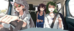 Rule 34 | 3girls, :d, ahoge, animal ear fluff, animal ears, blue dress, brown eyes, brown hair, car interior, collarbone, commentary request, dress, green hair, grey hair, hand up, headgear, lamb (hitsujiniku), long hair, long sleeves, multiple girls, open mouth, parted lips, pointing, red-framed eyewear, seatbelt, shirt, sleeveless, sleeveless dress, sleeves past wrists, smile, striped clothes, striped shirt, sunglasses, teeth, touhoku itako, touhoku kiritan, touhoku zunko, twintails, upper teeth only, very long hair, voiceroid, white shirt