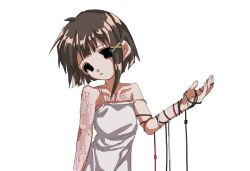 Rule 34 | 1girl, asymmetrical hair, black eyes, brown hair, cable, camisole, circuit board, expressionless, flat chest, hair ornament, iwakura lain, looking to the side, parted lips, serial experiments lain, shinsekai (z o10), short hair, simple background, single sidelock, solo, white background, white camisole, x hair ornament