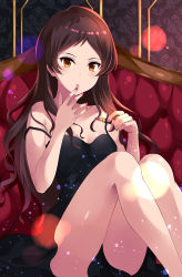 Rule 34 | 1girl, absurdres, alternate costume, asato (fadeless), bare shoulders, black dress, blush, breasts, brown eyes, brown hair, commentary request, dress, gluteal fold, highres, idolmaster, idolmaster million live!, idolmaster million live! theater days, kitazawa shiho, long hair, looking at viewer, medium breasts, nail polish, sitting, solo