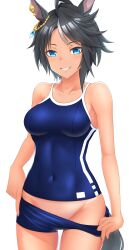 Rule 34 | 1girl, absurdres, animal ears, bare shoulders, black hair, blue one-piece swimsuit, breasts, commentary request, covered navel, cowboy shot, ear ornament, fuji kiseki (umamusume), grin, groin, hair between eyes, highres, horse ears, horse girl, horse tail, large breasts, looking at viewer, medium breasts, multicolored hair, old school swimsuit, one-piece swimsuit, oryou gunsou, school swimsuit, simple background, smile, solo, streaked hair, swimsuit, tail, tan, tracen swimsuit, umamusume, undressing, white background, white hair