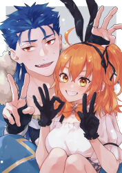 Rule 34 | 1boy, 1girl, absurdres, animal ears, black gloves, blue hair, bow, breasts, capelet, chaldea logo, cu chulainn (caster) (fate), cu chulainn (fate), dress, earrings, fake animal ears, fate/grand order, fate (series), fujimaru ritsuka (female), fur-trimmed hood, fur trim, gloves, hair between eyes, headband, highres, hood, hooded capelet, jewelry, kajijii, long hair, looking at viewer, official alternate costume, ok sign, one side up, open mouth, orange bow, orange hair, rabbit ears, red eyes, ring, side ponytail, smile, spiked hair, v, white dress, yellow eyes