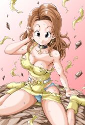 Rule 34 | 1girl, :o, arm support, bare arms, belt, black choker, breasts, brown hair, choker, cleavage, crescent, crescent earrings, dirty, dirty clothes, dirty face, dragon ball, dragon ball gt, dress, earrings, eyelashes, full body, gradient background, grey eyes, hand in own hair, highres, jewelry, long hair, looking at viewer, medium breasts, o-ring, o-ring belt, palace (dragon ball), panties, parted lips, pink background, rock, sitting, sitting on rock, torn clothes, torn dress, underwear, valese, wavy hair, white panties, wind, wind lift, yellow dress, yellow footwear, youngjijii