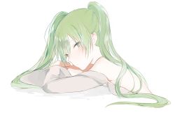 Rule 34 | 1girl, bad id, bad tumblr id, bare shoulders, blush, detached sleeves, female focus, from side, green eyes, green hair, hand on own arm, hatsune miku, long hair, long sleeves, looking at viewer, looking to the side, lpip, matching hair/eyes, simple background, solo, twintails, upper body, vocaloid, white background, wide sleeves