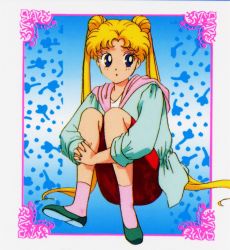 Rule 34 | 1990s (style), :o, bishoujo senshi sailor moon, blonde hair, blue eyes, casual, double bun, folded hands, hair bun, hugging own legs, jacket, official art, portrait, retro artstyle, shoes, sitting, tsukino usagi, twintails