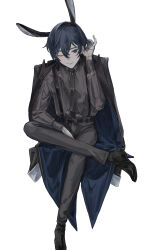 Rule 34 | 1boy, absurdres, animal ears, black footwear, blue eyes, blue hair, boots, commentary, crossed legs, full body, gloves, hair between eyes, high heel boots, high heels, highres, jacket, jacket on shoulders, kaito (vocaloid), looking at viewer, male focus, necktie, one eye closed, pants, rabbit ears, sitting, smile, solo, suspenders, user uaja7725, vocaloid, white background, white gloves