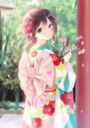 Rule 34 | 1girl, ahoge, blue eyes, blush, brown hair, commentary request, floral print, flower, furisode, hair flower, hair ornament, highres, japanese clothes, kantai collection, kimono, looking at viewer, looking back, naoto (tulip), revision, shigure (kancolle), smile, solo