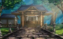 Rule 34 | blue sky, building, cobblestone, dappled sunlight, forest, grass, hakurei shrine, justinas vitkus, landscape, leaf, nature, no humans, official art, path, road, rope, shadow, shimenawa, shrine, sky, sunlight, third-party source, touhou, touhou cannonball, tree, wood