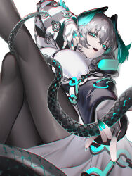 Rule 34 | 1girl, absurdres, arknights, black feathers, black nails, black pantyhose, black wings, blue eyes, blue feathers, blue wings, breasts, coat, dress, feathered wings, feathers, fingerless gloves, fingernails, furittsu, gloves, gradient nails, grey hair, hair between eyes, head wings, highres, ho&#039;olheyak (arknights), large breasts, long coat, long hair, long sleeves, long tail, looking at viewer, nail polish, open clothes, open coat, open mouth, pantyhose, pencil dress, sharp fingernails, simple background, snake tail, solo, tail, teeth, two-tone wings, upper teeth only, white background, white dress, white gloves, wings