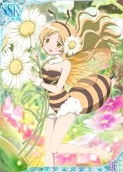 Rule 34 | 10s, 1girl, alternate costume, bare arms, bare legs, bare shoulders, bee costume, blonde hair, blush, breasts, card (medium), choker, cleavage, female focus, flower, grass, hair flower, hair ornament, insect wings, long hair, looking at viewer, mahou shoujo madoka magica, medium breasts, official art, open mouth, smile, solo, stinger, striped, tomoe mami, trading card, wings, yellow eyes