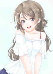 Rule 34 | 10s, 1girl, :d, alternate hair length, alternate hairstyle, bare shoulders, blue background, blue eyes, blush, bra strap, breasts, casual, cleavage, collarbone, eyelashes, frapowa, grey hair, heart, long hair, looking at viewer, love live!, love live! sunshine!!, medium breasts, off-shoulder shirt, off shoulder, open mouth, round teeth, shirt, short sleeves, simple background, smile, solo, sparkle, swept bangs, tareme, teeth, watanabe you, white shirt