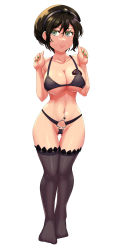 Rule 34 | 1girl, absurdres, avatar legends, black bra, bra, breast tattoo, breasts, brown hair, cjhomics, cleavage, collarbone, curvy, feet, female focus, fingernails, full body, gluteal fold, green nails, hands up, highres, large breasts, legs, legs together, looking at viewer, nail polish, navel, navel piercing, piercing, shiny skin, short hair, simple background, smile, solo, tattoo, thick thighs, thigh gap, thighhighs, thighs, thong, toenails, toes, toph bei fong, underwear