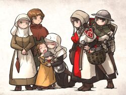 Rule 34 | armor, balance scale print, basket, belt, boots, brown eyes, brown hair, buckler, character doll, gambeson, gloves, habit, helmet, holding, hug, ironlily, kettle helm, kite shield, long hair, medieval, multiple girls, ordo mediare sisters (ironlily), scabbard, sheath, shield, standing, sword, twin braids sister (ironlily), weapon