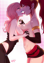 Rule 34 | 2girls, absurdres, artist name, blush, breast press, breasts, brown eyes, elbow gloves, closed eyes, french kiss, from side, gloves, holding hands, highres, jewelry, kiss, long hair, looking at another, medium breasts, multiple girls, navel, neo politan, nipples, open mouth, pants, pink hair, ponytail, pyrrha nikos, red hair, rwby, saliva, skirt, stomach, sweat, sytokun, thighs, tongue, tongue out, topless, yuri