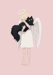 Rule 34 | 1girl, absurdres, angel, angel wings, animal, arm up, barefoot, black cat, blonde hair, cat, closed eyes, covered mouth, dress, facing viewer, feathered wings, fluffy, from side, full body, halo, hand up, highres, holding, holding animal, holding cat, kaname (emanalc), muted color, original, pink background, signature, simple background, slit pupils, standing, straight hair, u u, white dress, white wings, wings