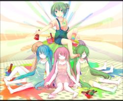Rule 34 | aged down, bad id, bad pixiv id, barefoot, closed eyes, dress, feet, hatsune miku, highres, letterboxed, long hair, maimu (polka), paint, paintbrush, sitting, strap slip, suspenders, twintails, very long hair, vocaloid