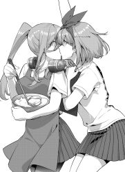 2girls apron arm_up go-toubun_no_hanayome greyscale hair_ribbon high_ponytail highres holding holding_ladle kiss ladle long_hair looking_at_another monochrome multiple_girls nakano_miku nakano_yotsuba pleated_skirt profile ribbon shirt short_hair siblings simple_background sisters skirt twitter_username white_background yu_(flowerbird3830)