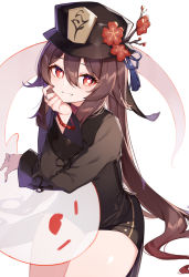 Rule 34 | 1girl, absurdres, black hat, black jacket, black shirt, black shorts, brown hair, commentary request, cowboy shot, flower, flower-shaped pupils, genshin impact, ghost, grin, hair between eyes, hat, hat flower, highres, hu tao (genshin impact), jacket, jewelry, long hair, long sleeves, looking at viewer, plum blossoms, red eyes, red flower, revision, rikoma, ring, shirt, short shorts, shorts, sleeves past wrists, smile, solo, star-shaped pupils, star (symbol), symbol-shaped pupils, thighs, very long hair, white background, wide sleeves