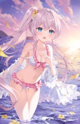 Rule 34 | 1girl, :d, bare legs, bikini, blue eyes, blush, breasts, celia claire, cleavage, cloud, coat, collarbone, commentary request, day, evening, flower, frilled bikini, frills, hair between eyes, hair ornament, highres, long hair, looking at viewer, mayo (miyusa), medium breasts, mountainous horizon, navel, ocean, open mouth, outdoors, petals, ponytail, revision, seirei gensouki, silver hair, sky, smile, sunset, swimsuit, thigh gap, wading, white bikini, white coat
