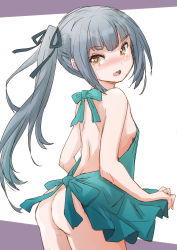 Rule 34 | 1girl, apron, ass, brown eyes, commentary request, cowboy shot, from behind, fuji (pixiv24804665), green apron, grey hair, highres, kantai collection, kasumi (kancolle), long hair, naked apron, open mouth, round teeth, side ponytail, solo, teeth, upper teeth only
