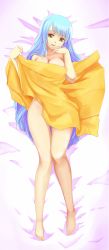 Rule 34 | 00s, 1girl, barefoot, blue hair, breasts, covering privates, cro cell, dakimakura (medium), female focus, full body, gradient background, highres, long hair, m.u.g.e.n, naked towel, nanikoro, night wizard, nude cover, smile, solo, towel, very long hair, yellow eyes