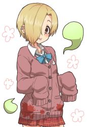 Rule 34 | 10s, 1girl, :p, asymmetrical hair, blonde hair, blood, blood stain, bow, brown eyes, buttons, cardigan, cowboy shot, ear piercing, flower (symbol), gazacy (dai), hair over one eye, hands in opposite sleeves, highres, hitodama, idolmaster, idolmaster cinderella girls, long sleeves, looking at viewer, piercing, plaid, plaid skirt, pleated skirt, shirasaka koume, short hair, skirt, skull print, sleeves past wrists, solo, standing, tongue, tongue out, white background