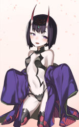 Rule 34 | 1girl, absurdres, blush, breasts, cropped legs, eyebrows, fangs, fate/grand order, fate (series), gradient background, hair ornament, hands in opposite sleeves, head tilt, highres, hitoshi, horns, japanese clothes, jewelry, kimono, looking at viewer, navel, off shoulder, oni, open mouth, petals, purple eyes, purple hair, revealing clothes, short hair, shuten douji (fate), skin-covered horns, sleeves past wrists, slit pupils, small breasts, smile, solo, stomach, thighhighs