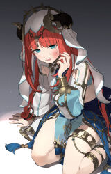 Rule 34 | 1girl, absurdres, aqua eyes, arm support, blue skirt, blunt bangs, bracer, brooch, circlet, commentary request, crop top, crying, crying with eyes open, fake horns, genshin impact, gladiator sandals, gold footwear, gradient background, grey background, hand up, harem outfit, highres, horns, jewelry, long hair, long sleeves, looking at viewer, low twintails, nanmo (nanmokamo), neck ring, nilou (genshin impact), open mouth, parted bangs, pelvic curtain, puffy long sleeves, puffy sleeves, red hair, sandals, sidelocks, sitting, skirt, solo, tassel, tears, thighlet, thighs, twintails, veil, white background, white headwear, white sleeves