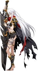 Rule 34 | 1girl, ahoge, alhazard, armor, bandaged arm, bandaged leg, bandages, barefoot, bikini armor, chain, closed mouth, corruption, dark persona, full body, hair between eyes, highres, holding, holding sword, holding weapon, langrisser, langrisser mobile, long hair, mask, official art, pointy ears, possessed, possession, red eyes, red scarf, sarashi, scarf, shoulder armor, silver hair, smile, solo, standing, straight hair, sword, thighlet, transparent background, very long hair, weapon, zerida