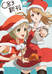 Rule 34 | 10s, 2girls, :d, :o, bad id, bad pixiv id, bare shoulders, blonde hair, brown eyes, brown hair, fried chicken, green eyes, hat, highres, huang baoling, jewelry, karina lyle, long hair, looking at viewer, multiple girls, necklace, open mouth, pointing, santa costume, santa hat, short hair, smile, thighhighs, tiger &amp; bunny, umishima senbon, vest