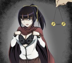 Rule 34 | 1girl, artist request, black bra, black eyes, black hair, blunt bangs, bra, breasts, brown cape, buttons, cape, cleavage, clueless, coin, hair ribbon, highres, hypnosis, large breasts, long sleeves, looking at viewer, mind control, narberal gamma, open mouth, overlord (maruyama), pendulum, ponytail, ribbon, shaded face, shirt, simple background, solo, tagme, textless version, underwear, undressing, white shirt, yellow ribbon, yen