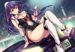 Rule 34 | 1girl, boots, breasts, cleavage, crossed legs, eyebrows hidden by hair, hair between eyes, hair ornament, hair ribbon, highres, large breasts, leg belt, long hair, looking at viewer, monety, motor vehicle, original, purple hair, race queen, red eyes, ribbon, shirt, sitting, sleeveless, sleeveless shirt, smile, solo, thigh boots, thighhighs, white thighhighs