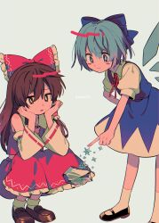Rule 34 | 2girls, ascot, bare shoulders, black footwear, blue bow, blue dress, blue eyes, blue hair, blush stickers, bow, brown eyes, brown footwear, brown hair, cirno, closed mouth, collared shirt, detached sleeves, detached wings, dress, fairy, frilled skirt, frills, hair between eyes, hair bow, hair tubes, hakurei reimu, highres, ice, ice wings, japanese clothes, long hair, menma (enaic31), multiple girls, nontraditional miko, open mouth, red bow, red skirt, ribbon-trimmed sleeves, ribbon trim, shirt, shoes, short hair, short sleeves, skirt, smile, socks, touhou, twitter username, white shirt, white socks, wide sleeves, wings, yellow ascot
