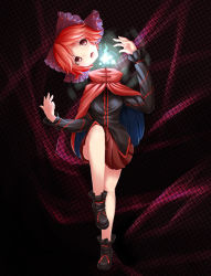 Rule 34 | 1girl, bare legs, black background, bow, cape, dress, furim, hair bow, headless, highres, knee up, layered dress, long sleeves, looking at viewer, no socks, nukekubi, open mouth, red eyes, red hair, sekibanki, shoes, short hair, solo, touhou