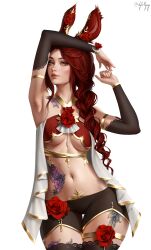 Rule 34 | 1girl, absurdres, animal ears, arm up, armlet, armpits, aylisnyan, black thighhighs, braid, braided ponytail, breasts, brown hair, commission, detached sleeves, final fantasy, final fantasy xiv, flower, green eyes, highres, leg tattoo, lips, looking at viewer, medium breasts, navel, navel piercing, piercing, rabbit ears, red flower, shorts, shoulder tattoo, solo, stomach tattoo, tattoo, thighhighs, thighlet, underboob, viera, warrior of light (ff14), white background