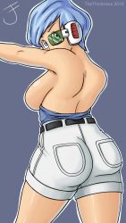 Rule 34 | 1girl, arm up, armpits, ass, bare back, bare legs, bare shoulders, blue eyes, blue hair, breasts, breasts out, bulma, cowboy shot, dragon ball, dragonball z, female focus, green-tinted eyewear, highres, large breasts, looking at viewer, looking back, outline, scouter, shorts, sideboob, simple background, solo, standing, strapless, text focus, thethickness, tinted eyewear, tube top