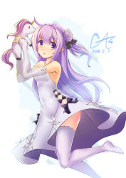 Rule 34 | 1girl, ahoge, armpits, azur lane, bad id, bad pixiv id, caron (straycat910), commentary request, dated, detached sleeves, dress, hair ribbon, highres, holding, long hair, looking at viewer, one side up, purple eyes, purple hair, ribbon, signature, simple background, solo, standing, standing on one leg, stuffed animal, stuffed pegasus, stuffed toy, stuffed unicorn, stuffed winged unicorn, thighhighs, unicorn (azur lane), white dress, white thighhighs