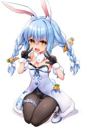 Rule 34 | 1girl, animal ear fluff, animal ears, black gloves, black leotard, blue hair, bow, braid, breasts, brown eyes, brown pantyhose, carrot hair ornament, detached sleeves, don-chan (usada pekora), double v, dress, food-themed hair ornament, full body, fur-trimmed dress, fur-trimmed gloves, fur trim, gloves, hair between eyes, hair bow, hair ornament, hands up, highres, hololive, leotard, long hair, multicolored hair, pantyhose, puffy short sleeves, puffy sleeves, rabbit ears, rabbit tail, sasamashin, seiza, shadow, shoes, short eyebrows, short sleeves, sitting, small breasts, strapless, strapless dress, strapless leotard, thick eyebrows, twin braids, twintails, two-tone hair, usada pekora, usada pekora (1st costume), v, virtual youtuber, white background, white bow, white dress, white footwear, white hair, white sleeves