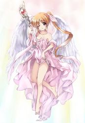 Rule 34 | 1girl, ;), ancient greek clothes, angel wings, barefoot, blue eyes, breasts, brown hair, cleavage, closed mouth, commentary request, floating, greco-roman clothes, hair ribbon, highres, holding, holding staff, kuroi mimei, light particles, long hair, looking at viewer, lyrical nanoha, mahou shoujo lyrical nanoha strikers, medium breasts, off shoulder, one eye closed, peplos, raising heart, raising heart (accel mode), ribbon, side ponytail, sidelocks, smile, solo, staff, takamachi nanoha, toga, white ribbon, white wings, wings